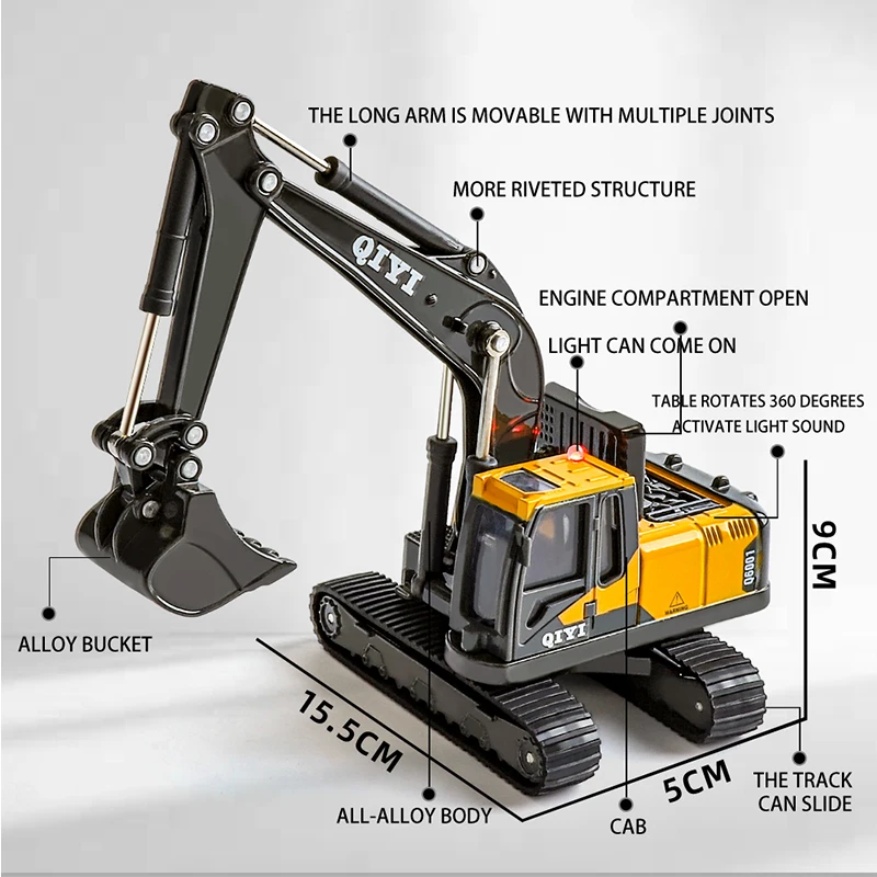 1:60 Excavator model Construction truck Car Diecast Metal Vehicle Toy Boy Sound Light Collect  Hot Wheels One Piece Premium Mini