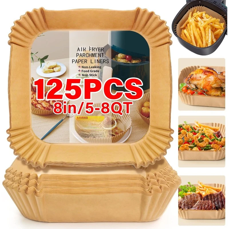 125 PCS Air Fryer Liners, 8 Inch Unbleached Non Stick, Square, Waterproof, Food Grade Baking Paper