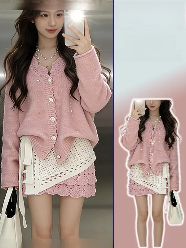 

Комплект из трех предметов: кардиган с круглым вырезом на одной пуговице, юбка-полусолнце и накидка. Весенний модный комплект больших размеров в стиле «Нежный ветер».