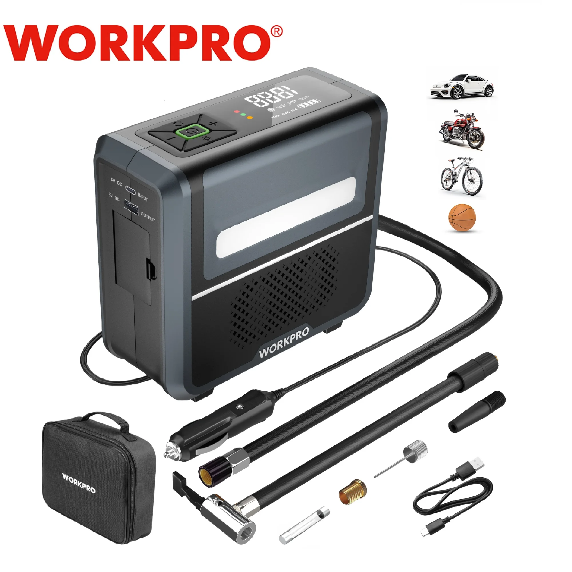 WORKPRO 12V Tire Inflator 150PSI Portable Air Compressor for Motorcycle Bicycle Boat AUTO Tyre Balls with LCD Digital Display 