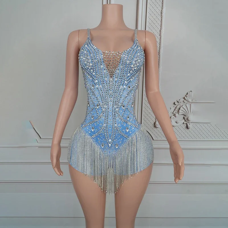 ใหม่ Rhinestones เงาพู่ Latin Dance บอดี้สูทบาร์ Dj Ds Rave ชุดผู้หญิงพิเศษโอกาสชุดราตรีหรูหราวันเกิด
