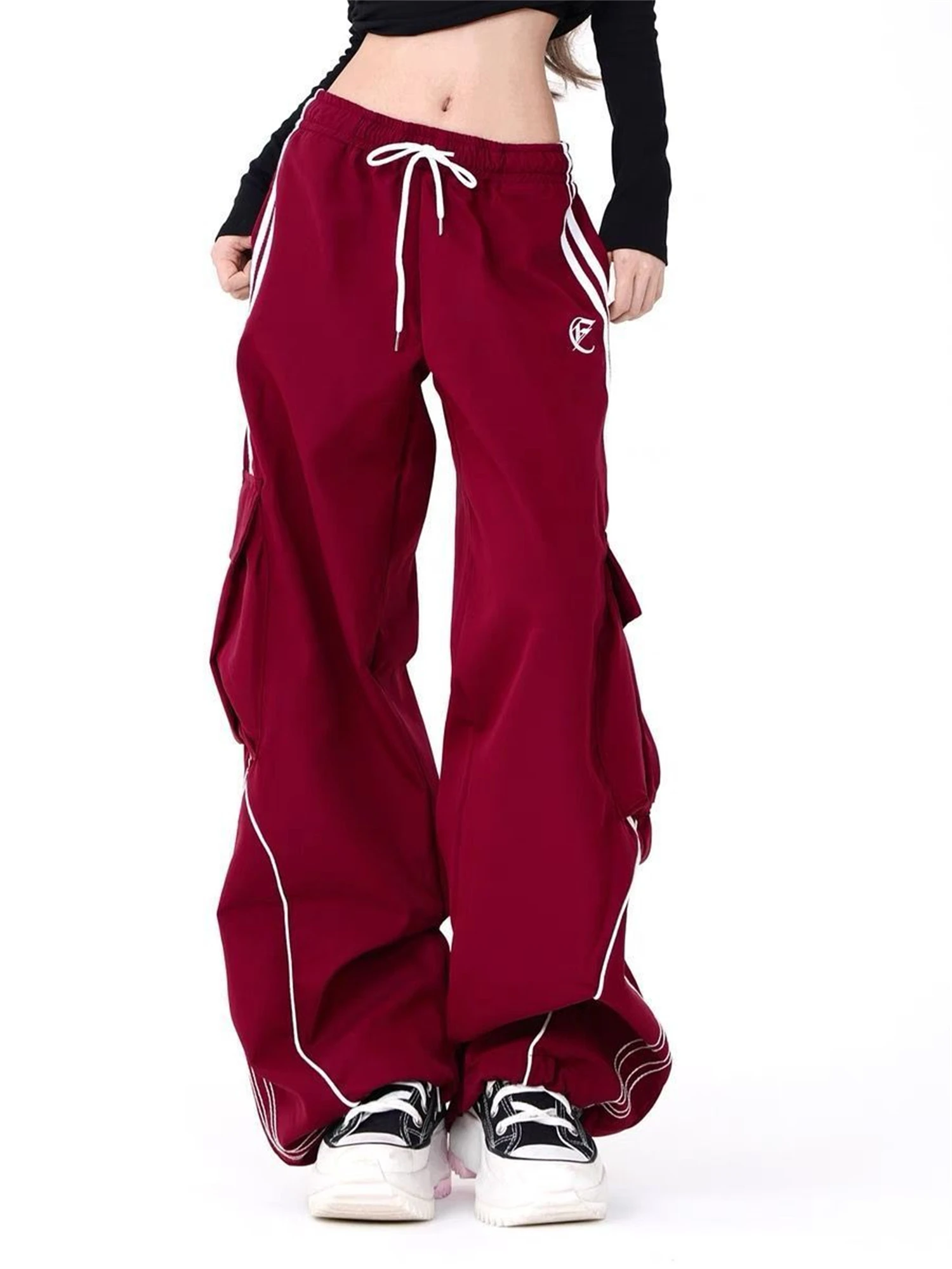 Y2K Women's Wide Leg Cargo Pants 2025 New Fashion Drawstring Waist Side Stripes Multiple Pockets Casual Streetwear Trousers