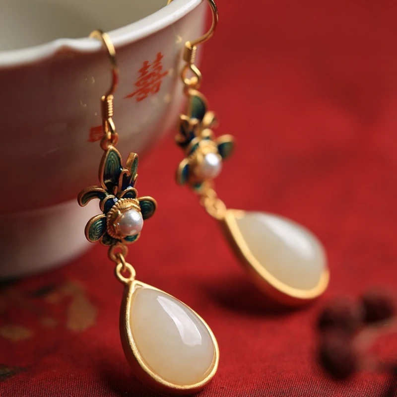 

Chinese Classical Style Enamel Craftsmanship Flower Shaped Jadeite Women's Earrings Retro Personalized Jewelry