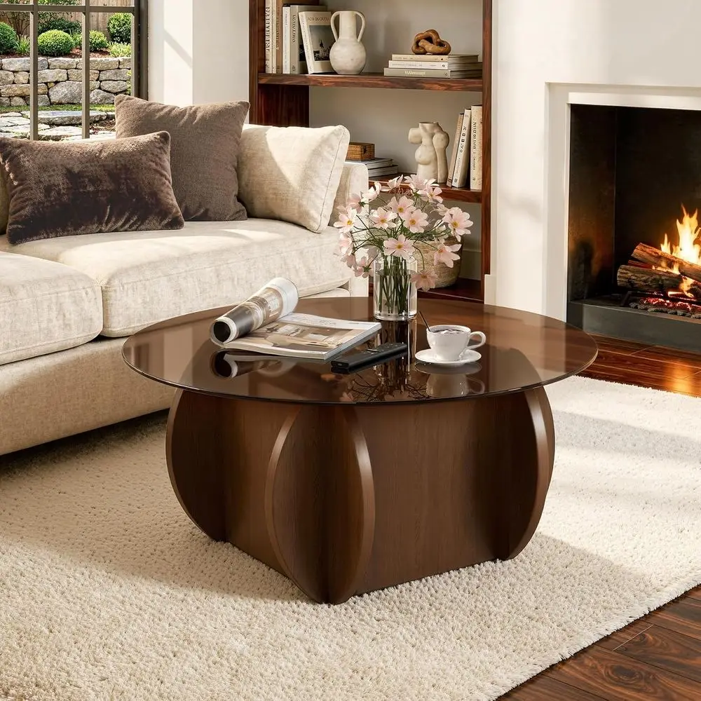 Round Glass Top Coffee Table with Wooden Base for Living Room, Office & Lounge in Walnut Finish
