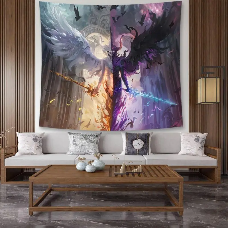 VIKAMA Angel Demon White Black Wings Gothic Cathedral Tapestry Dark Fantasy Wall Hanging Dorm Bedroom Decor