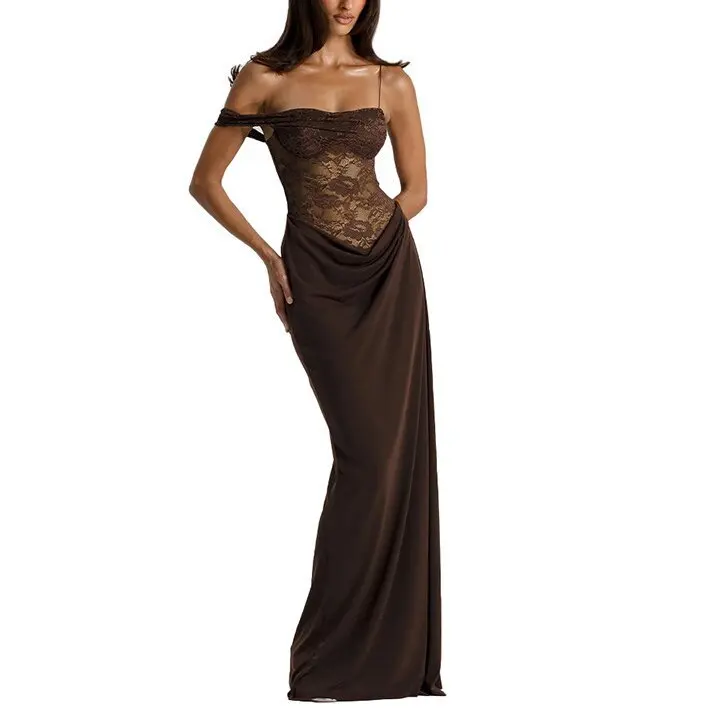 Vestido Maxi Cami Estilo Y2K Sexy com Renda, Patchwork, Casual, Moderno, Chic, Único, Elegante e Glamouroso para Mulheres