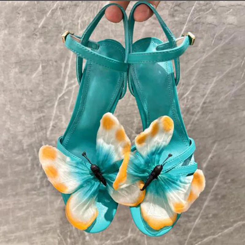 

Summer Ladies Sky Blue Yellow Genuine Leather 3D Mixed Butterfly Decor Front Ankle Strap Thin Heels Sandals Woman Run Way Shoes