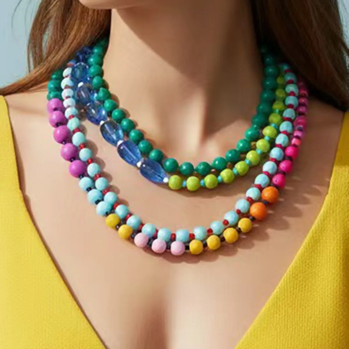 Multi Layer Colorful Beaded Choker Necklace Summer Dopamine Style Stacking Collar Necklace Casual Women Fashion Jewelry