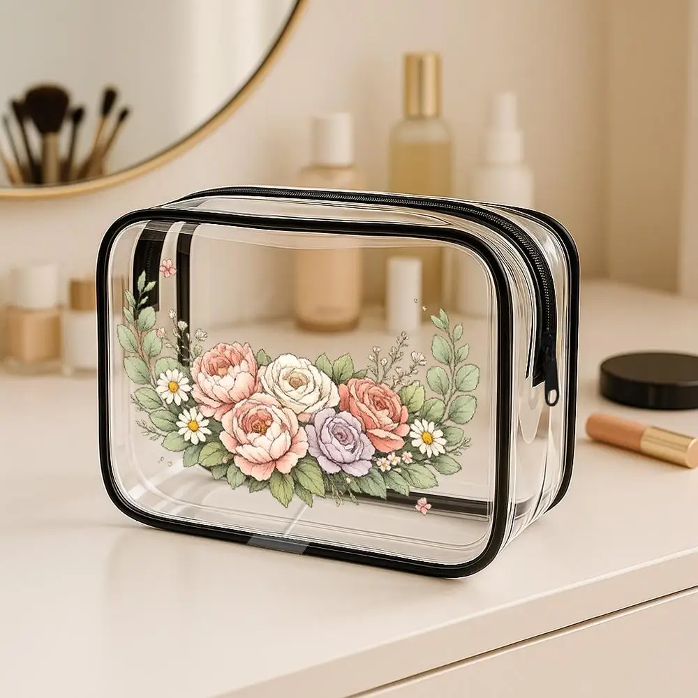 Toilet Bag Watercolor Rose Daisy Bouquet Clear PVC Zipper Makeup Bag, Botanical Art Style with Black Trim, Portable Cosmetic