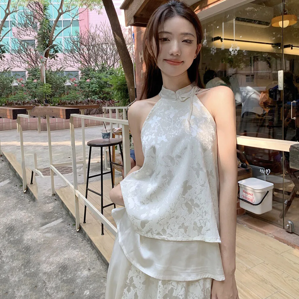

New Chinese Style Y2k Set Sexy Halter Neck Print Sleeveless Tops + Women Patchwork Temperament Sweet Skirt Summer Two-piece Set