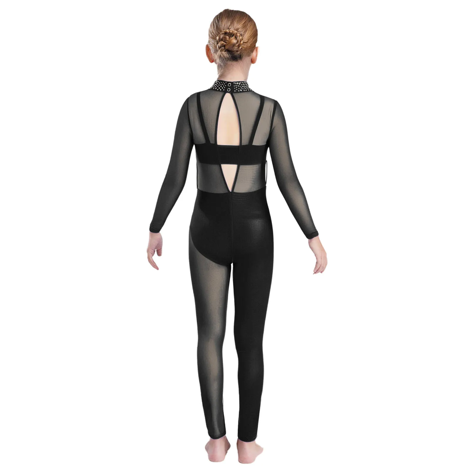Kids Girls Gymnastics Figure Ice Skating Dance Jumpsuit Shiny Rhinestones Sheer Mesh Patchwork Long Sleeve Full Body Leotards