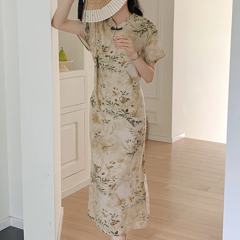 2025New Improved Chinese Style Homewear Women Elegant Cheongsam Nightgown Cotton Print Loungewear Spring Summer Sleepwear