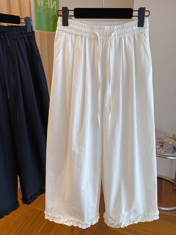 

Свободные повседневные брюки для женщин больших размеров, прямые брюки с кружевной отделкой, однотонные брюки, удобная посадка, винтажные брюки со средней талией, девять Po...