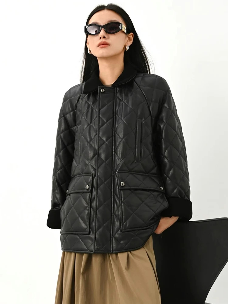 

Стеганые пуховики из натуральной кожи для женщин, осень-зима 202, новое высококачественное простое черное пальто из натуральной овчины белого гусиного пуха