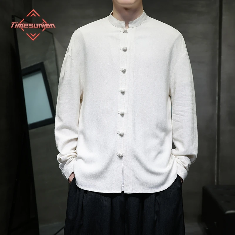 

Chinese Style Shirts for Men Spring and Autumn Oversize Cotton Linen Loose Casual Long Sleeved Shirt Hanfu Men Clothing