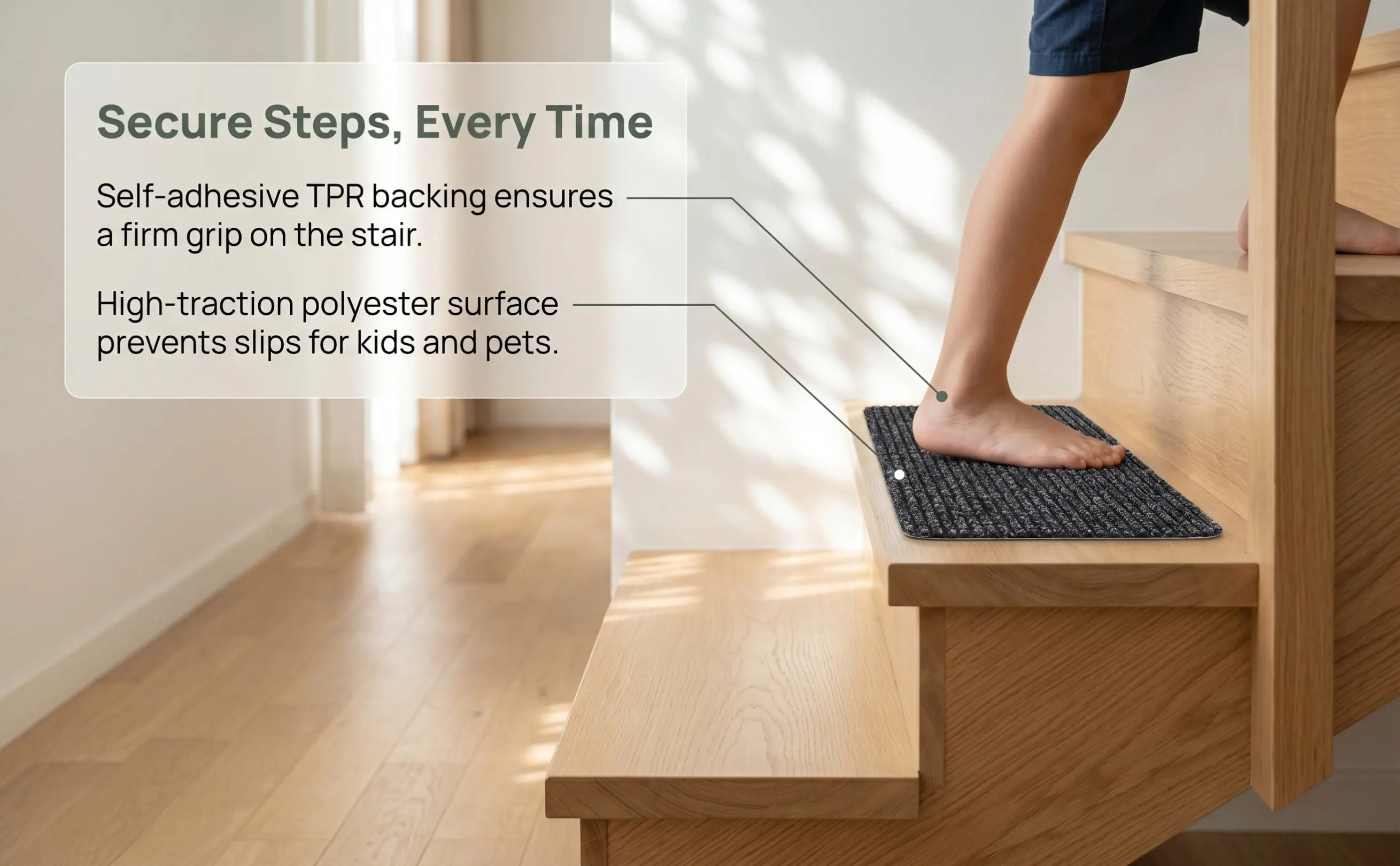 2Pcs Non-Slip Stair Treads Carpet Style Self-Adhesive Step Mats Slip-Resistant for Family Pets Clean Reusable