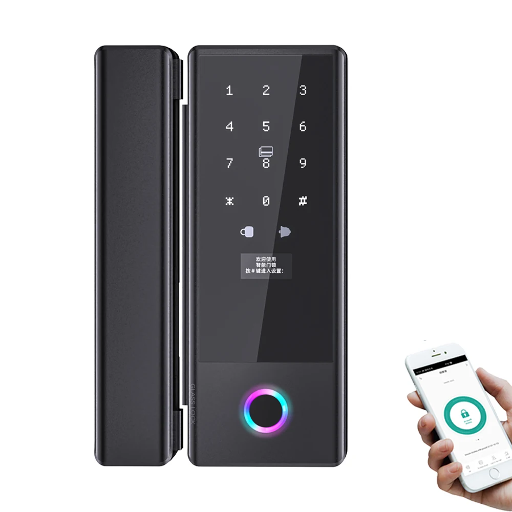 2.4G Wifi Tuya APP Control Lock Glass Sliding Door Smart Fingerprint Lock Touchscreen Keypad RFID Card for Framed Frameless Door