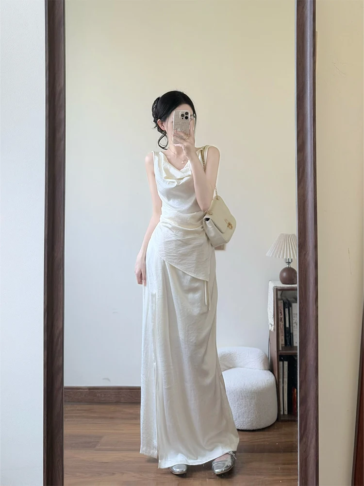 

Summer Women's Svel Vest Set Irregular Pleating Design ter Ne Skirt Two-Piece Cotton Faion Outfit