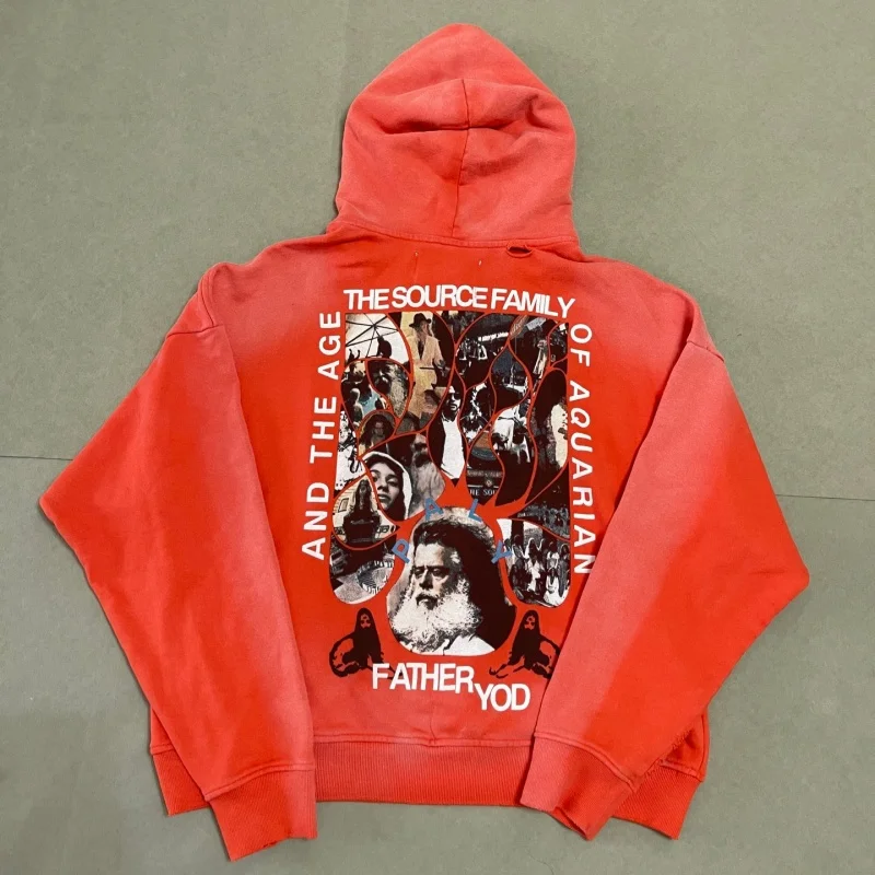 Paly Orange Vintage Distressed Winter Men's Women's Casual Cotton Thick-Knit Printed Hip-Hop Hoodie Pullover