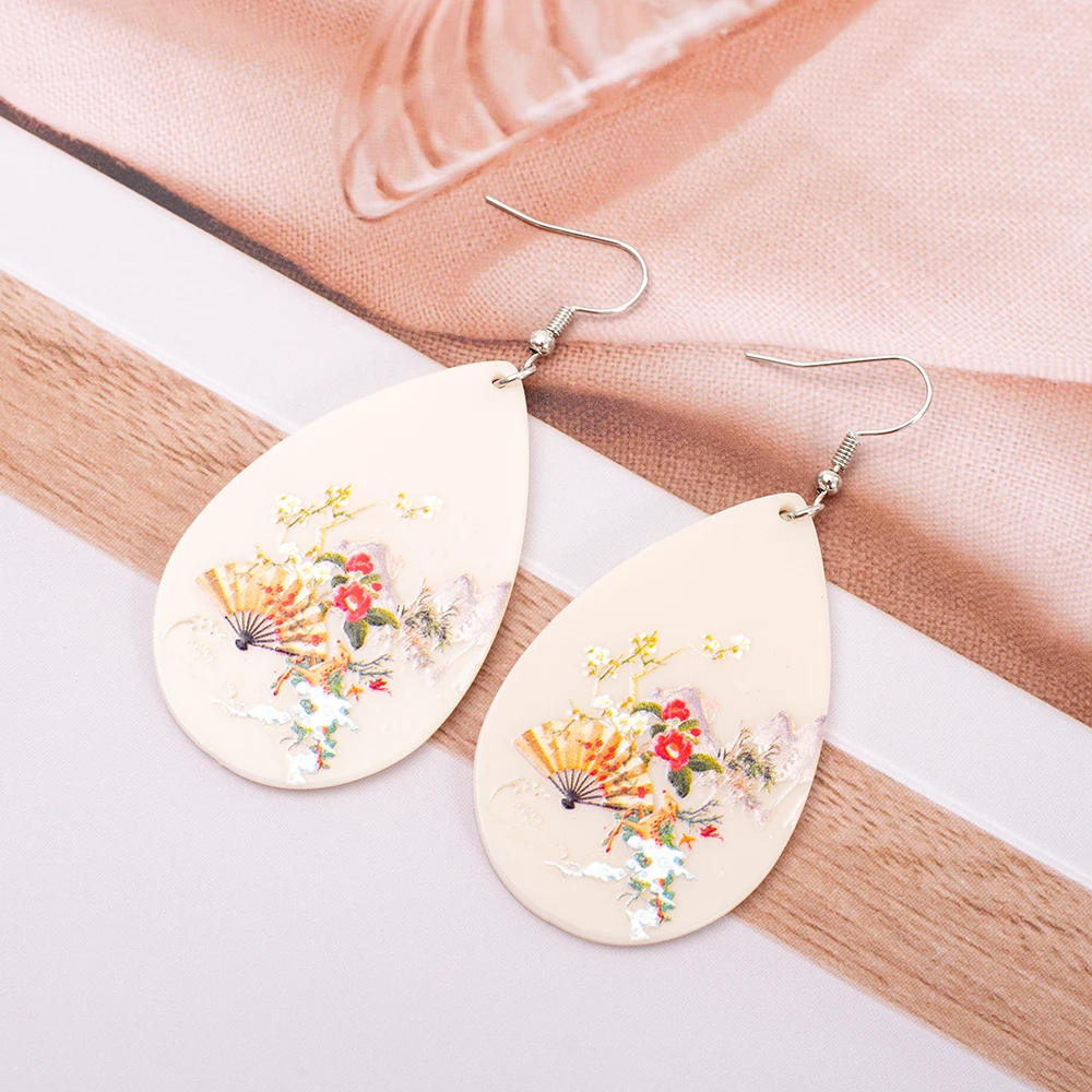 New Oriental Ethnic Style Fan Flowers Landscape Painting Pattern Acrylic Water Drop Earrings For Women Aesthetic Girls Jewelry