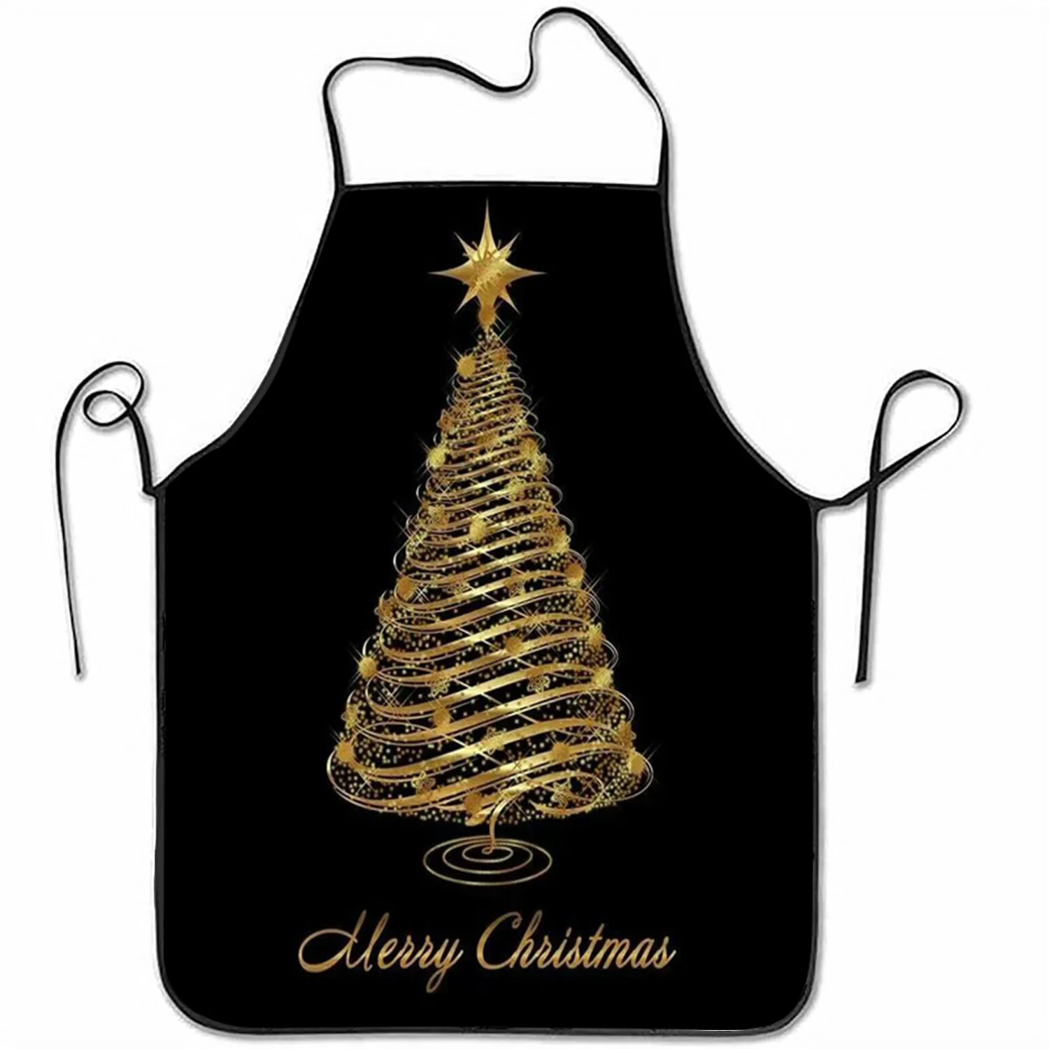 1pc Festive Golden Christmas Tree Print Polyester Apron, Woven Flower Pattern, Holiday Kitchen Baking Work Apron for Home Use