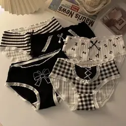 5 Pcs Female Underwear for Women Lace Plaid Panties Korean Mid Rise Pack Set Lingerie Schoolgirl 2024 Cute Bow Summer Briefs New