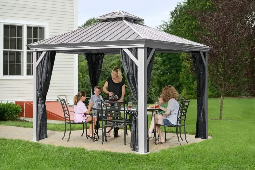 Outdoor 10' x 10' Monaco Hardtop Double Roof Gazebo Outdoor Sun Shelter, Champagne