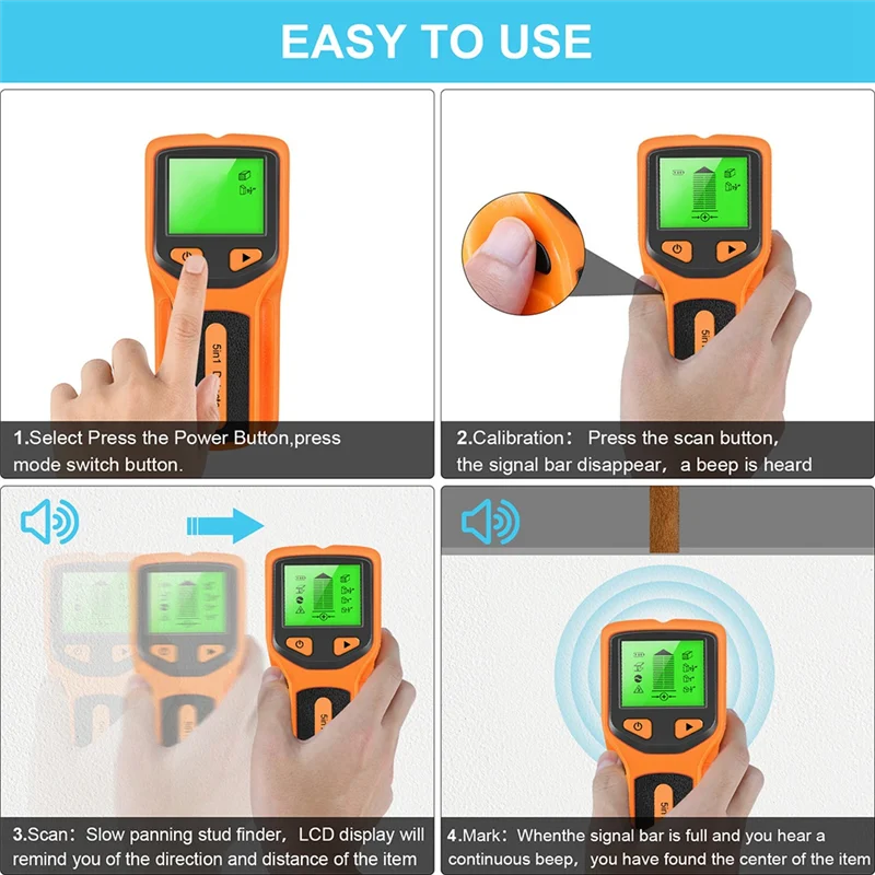 A41T 5 In 1 Wall Scanner Stud Detector Digital Handheld Wall Detector PVC Water Pipe Metal Finder Scanner Orange Durable