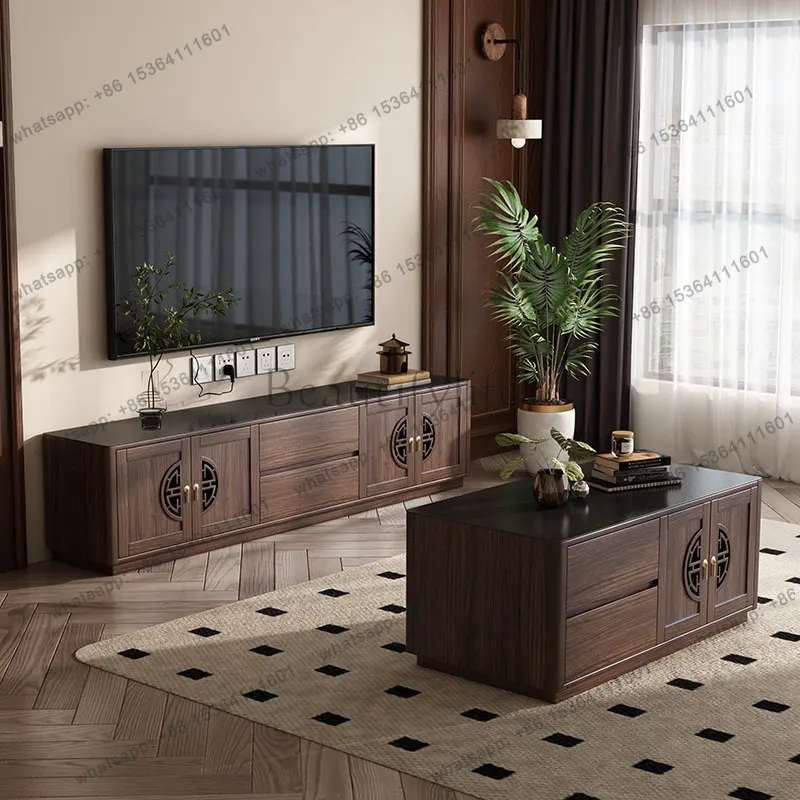 YJ Modern Minimalist New Chinese Solid Wood Heightened TV Cabinet Living Room Small Home Storage Tea Table