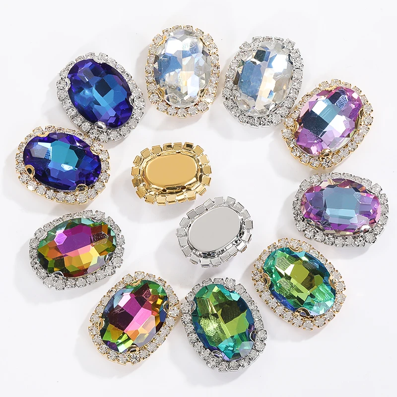 유리 모조 다이아몬드에 반짝이는 타원형 바느질, 골드 클로 크리스탈 버클, DIY 웨딩 장식, 옷, 신발, 드레스 액세스