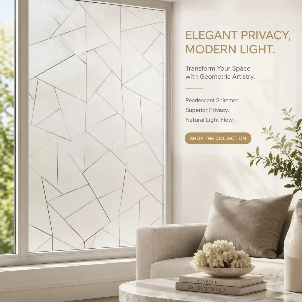Geometric Pearlescent Privacy Window Film Static Cling Frosted Decorative Sticker Non-Adhesive for Bathroom Bedroom