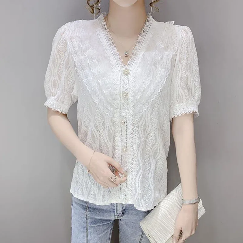 Summer Elegant Female V-Neck Short Sleeve Lace Blouse Commute Solid Color Fashion Button Spliced Slim Shirt Women\'s Clothing