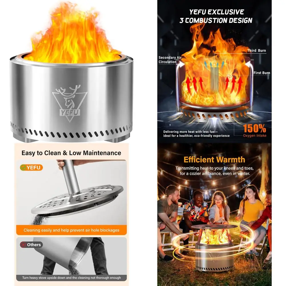 

YEFU Smokeless Outdoor Fire Pit - 27 Inch, 304 Stainless Steel with Removable Ash Pan