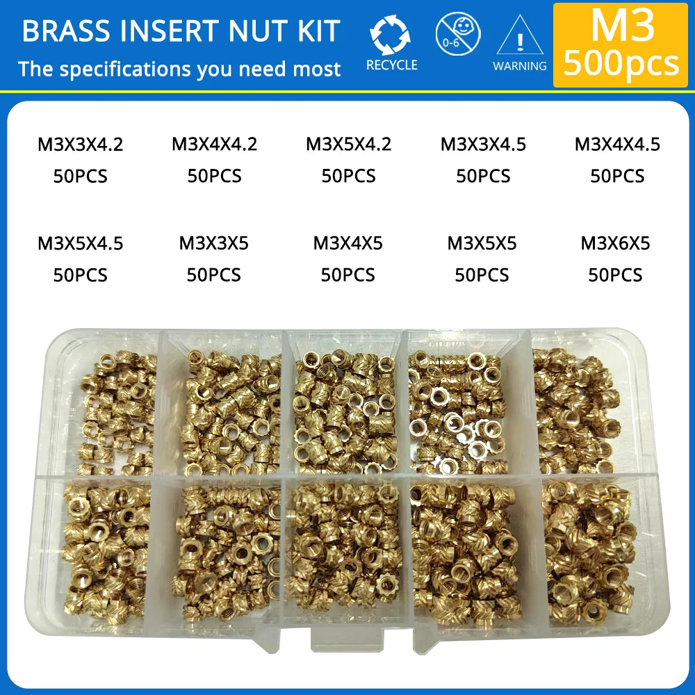 M2 M2.5 M3 M4 M5 M6 Threaded Inserts Brass Heat Set Insert Nut Hot Melt Knurled Double Twill Embedment Copper Nut Assortment Kit