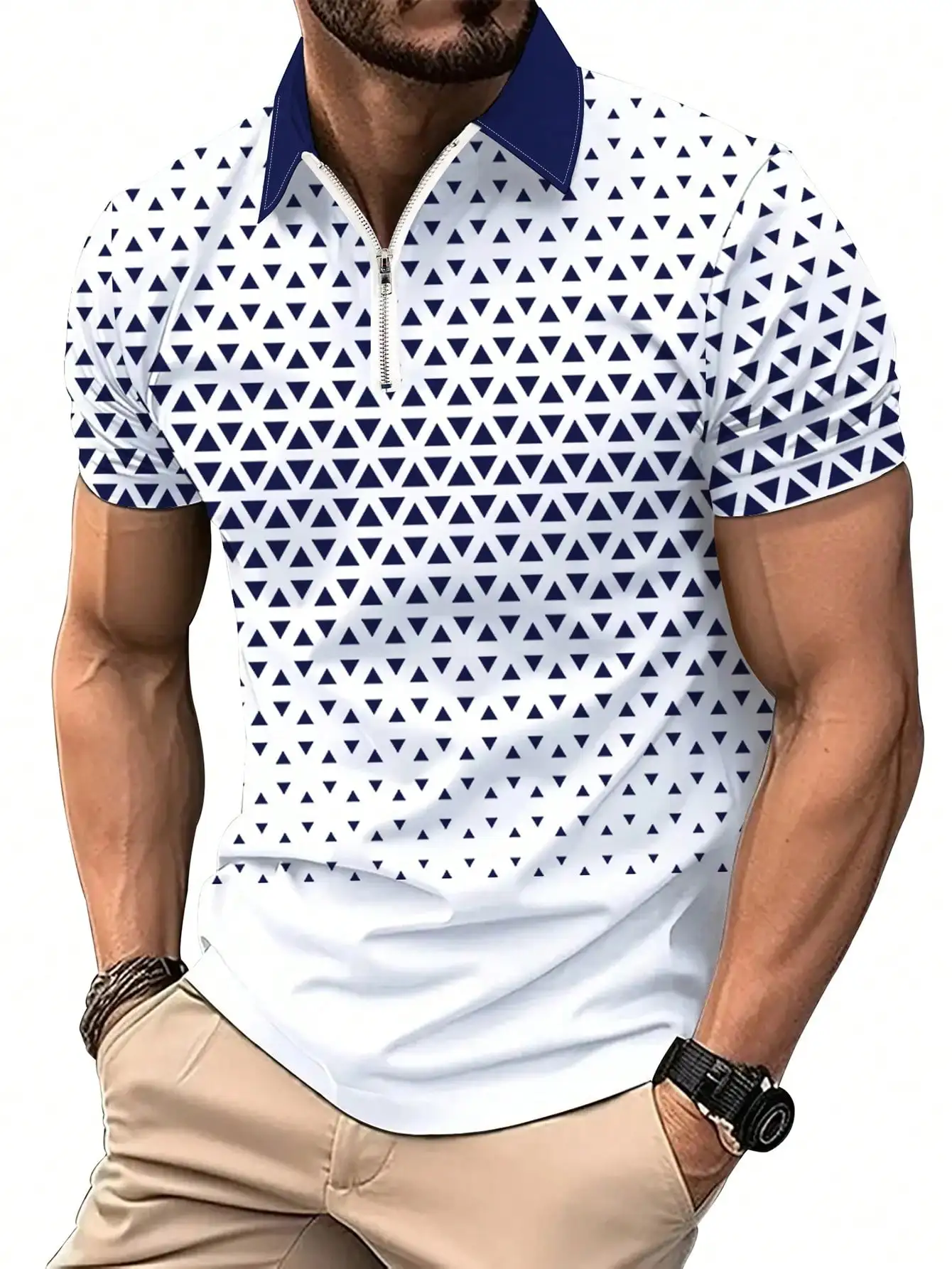 

Men's Short Sleeve Zip-Front Shirt with Navy Triangle Print, Casual Sporty Style