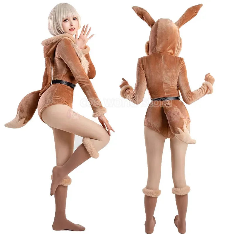 

Anime Eevee Cosplay Costume Women Sexy Flannel Hooded Bodysuit Socks Suit Bunny Girl Cute Cartoon Plush Pajamas Jumpsuit Uniform