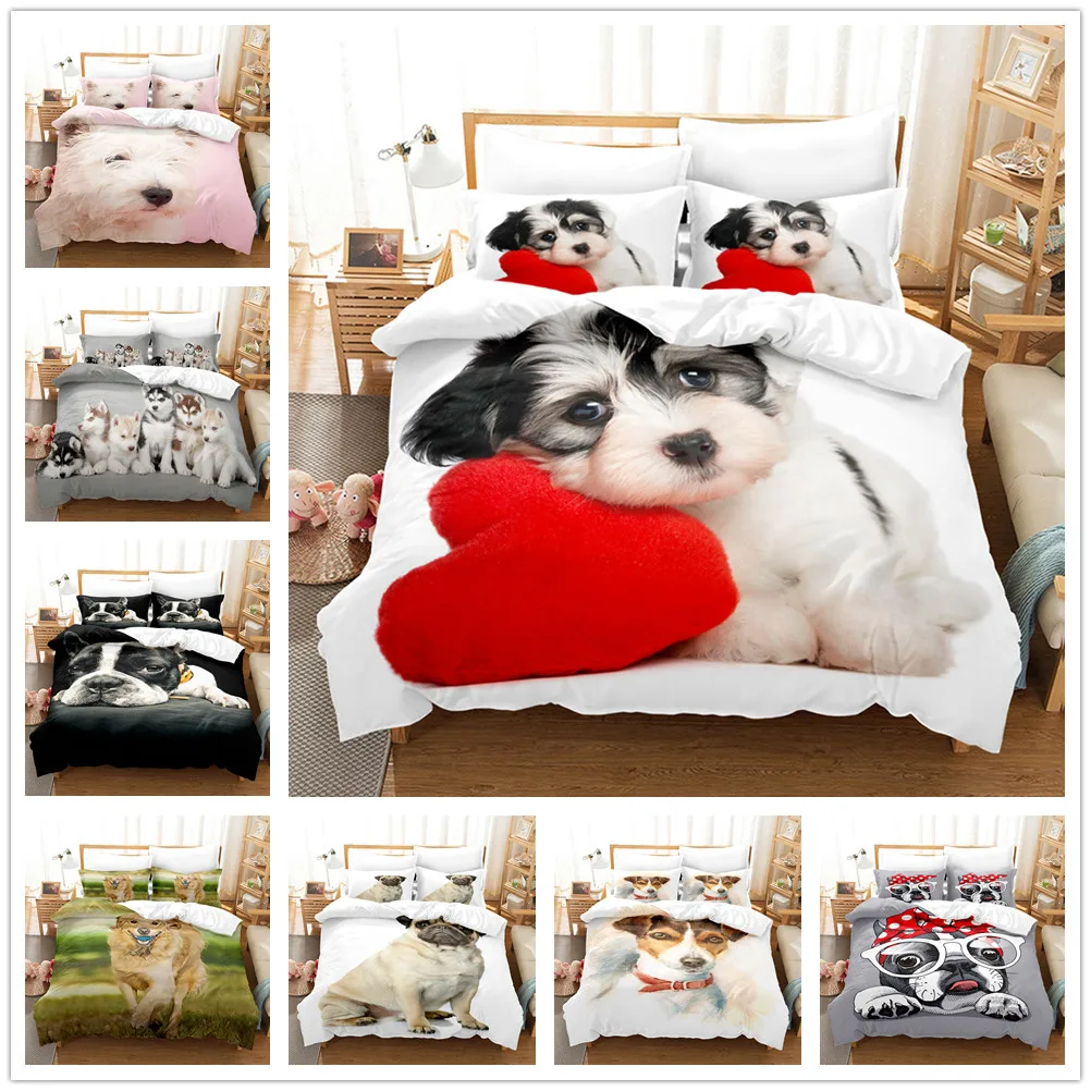 

3D Pug Dog Printed Bedding Set Queen Size Dog Duvet Cover Set Cute Animal Theme Comforter Cover for Kids Teens Boy Bedroom Decor