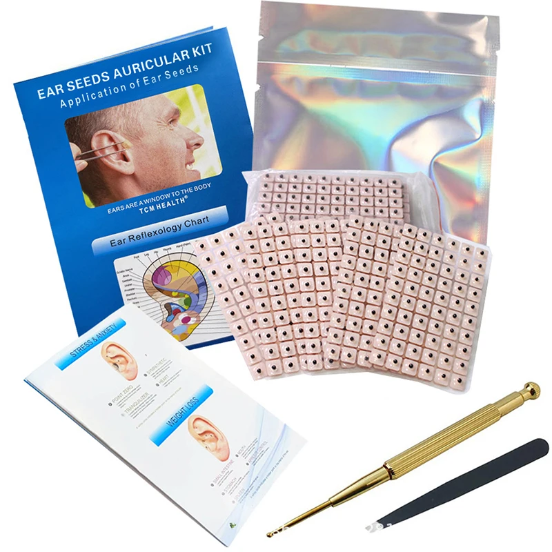 4 In 1 Set Multi-Condition Ear Seeds Acupuncture Auricular Sticker Kit 1200pcs With Acupressure Chart Tweezer Auricular Probe