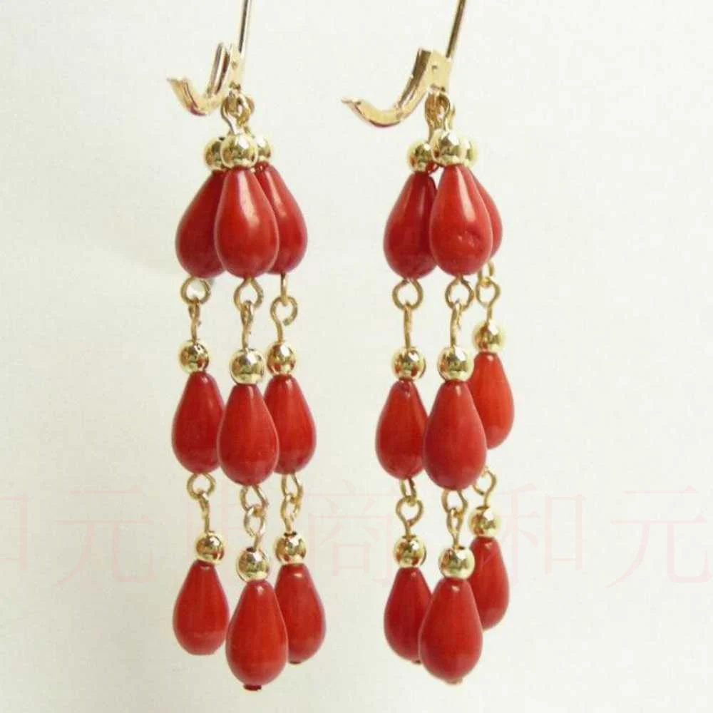 AAA Genuine 100% natural red coral earrings 14K gold hoop Dangle Beautiful Aquaculture Jewelry Party Diy Cultured