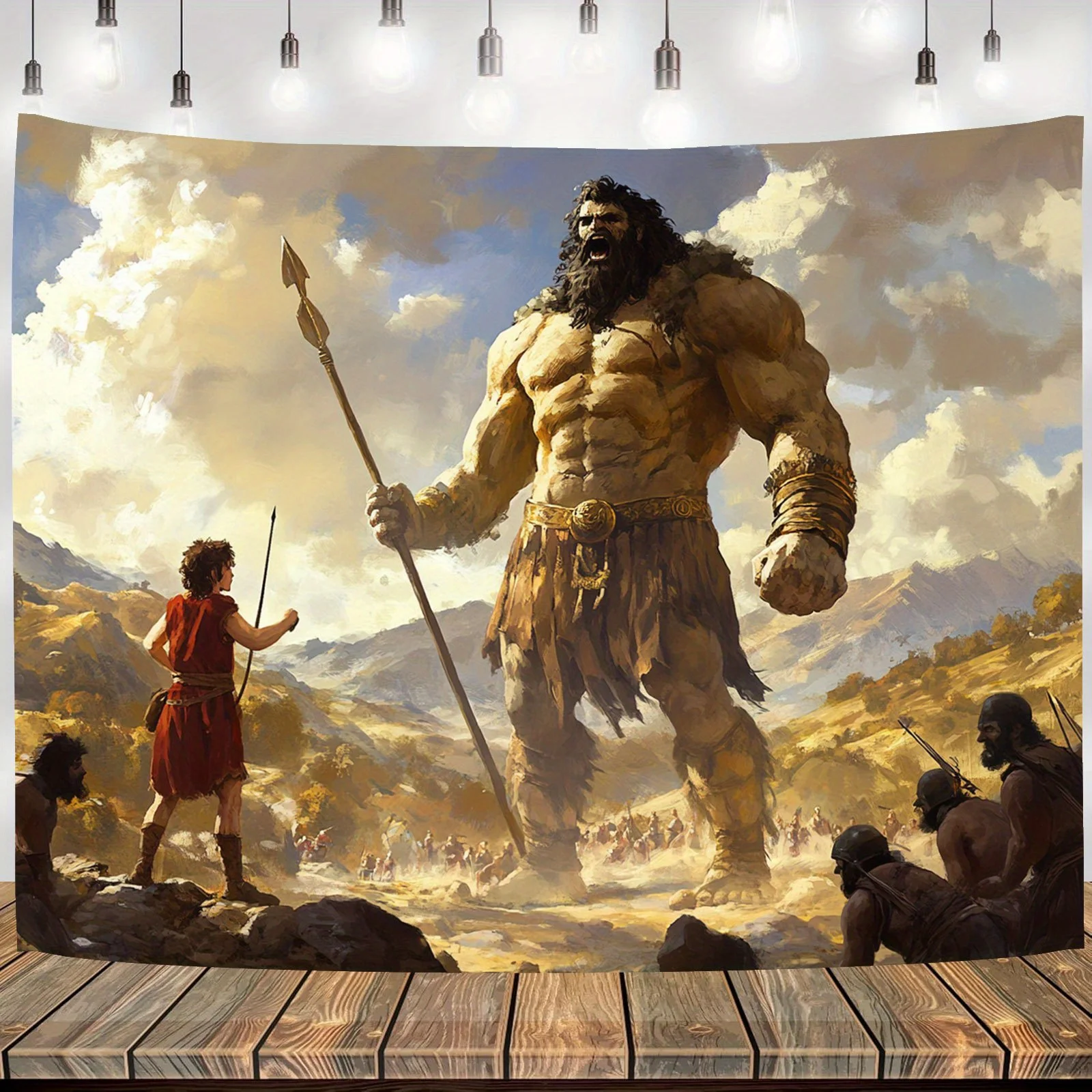 Biblical David vs Goliath Tapestry, Giant Fantasy Warrior Wall Hanging Mythology Epic Battle Art Oil Painting Style History Room