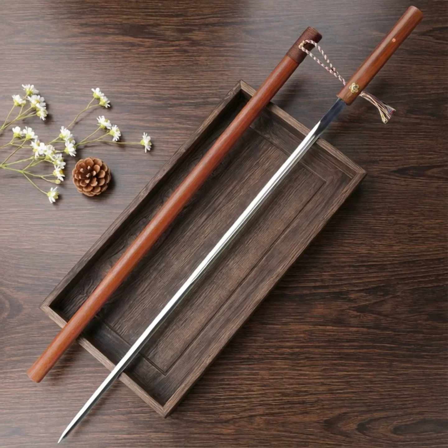 Super Slim Chinese Hidden Sword Manganese Steel Thin Blade Full Wood Scabbard Braided Tassel Vintage Minimal Free Sword Stand