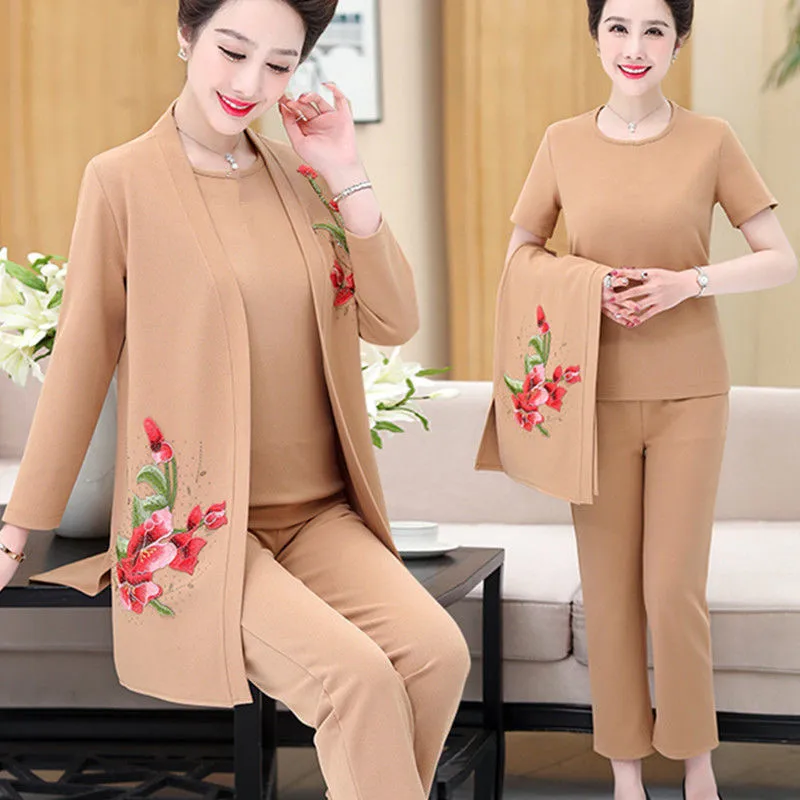 2024 Spring Autumn Women Elegant Three Piece Sets Floral Printed Long Coat + Short Tops And Loose Pants Suits Mother Sets 5XL