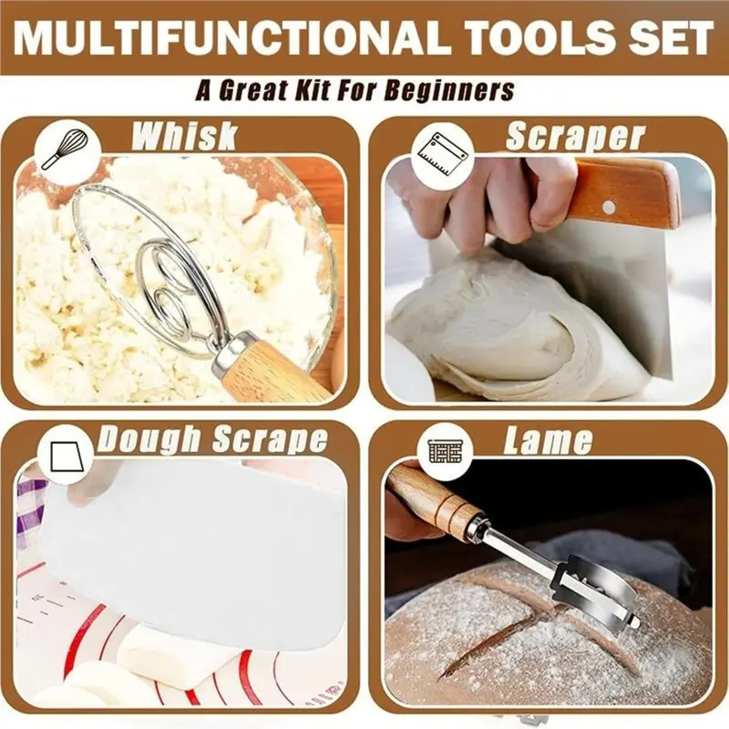ABKJ-Bread Baking Tools And Supplies, Circular Fermentation Basket Scraper, Rattan Proofing Basket, Flour Mixer, Bread Tool Set