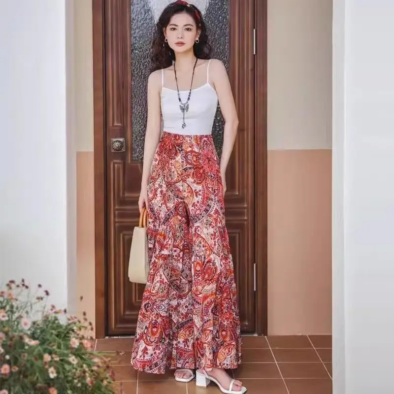 Wide-leg pants summer loose new casual high-waisted trousers beach pants thin printed pants vacation culottes women