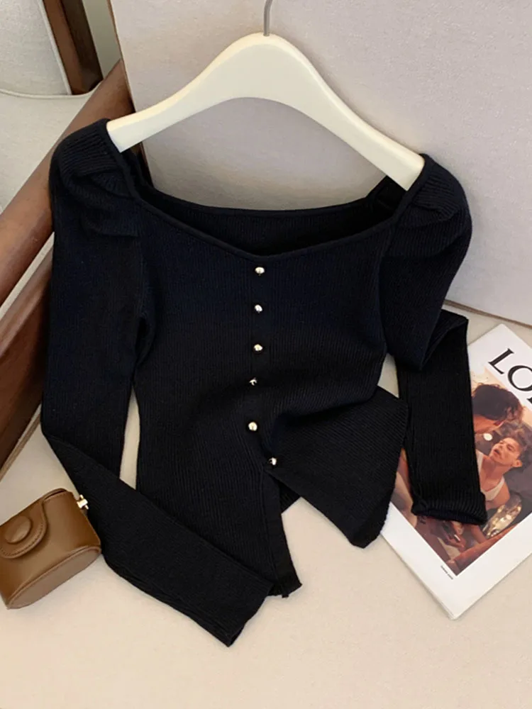 Korean Style Chic Square Collar Knitted Sweater High Quality Women Long Sleeve Slim Tops Autumn 2024 New Button Design Pullover