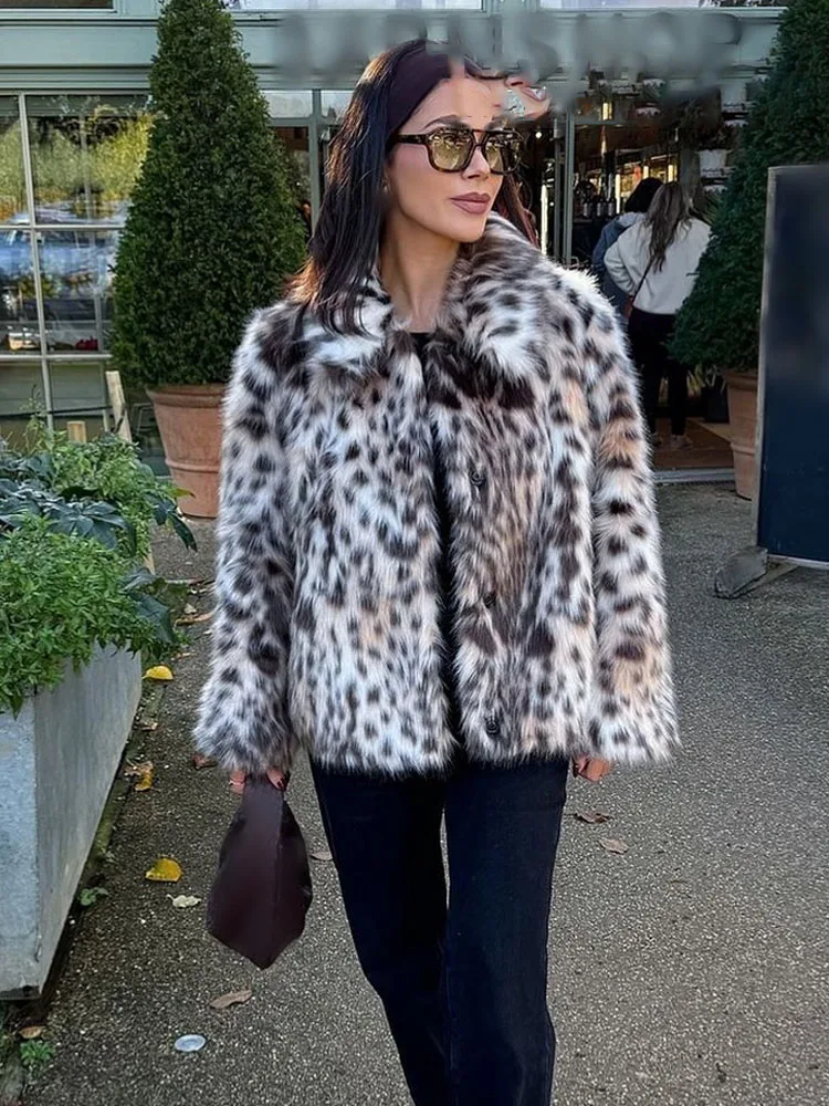 HH Woman Elegant Lapel Long Sleeves Side Pockets Casual Coat Women Winter Leopard Print Faux Fur Loose Slim Warm Coat Mujer