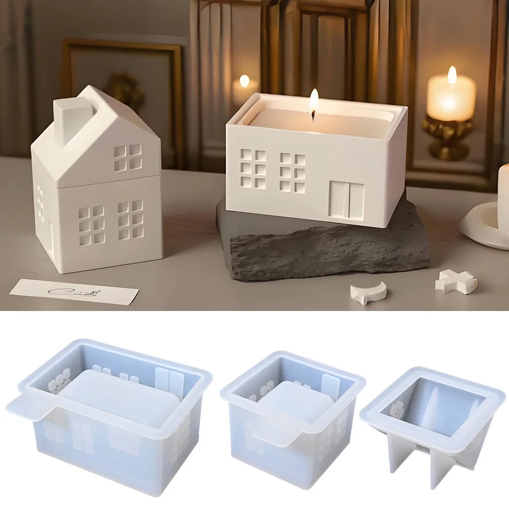 

House Shape Silicone Mould DIY European House Mold Candle Cup with Lid Silicone Mould Gypsum Cement Storage Jar Molds Home Decor