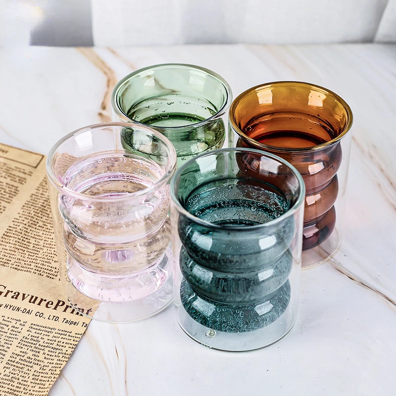 

Double layered coffee cup, glass cup, household colored double layered transparent spiral milk juice, high borosilicate glass