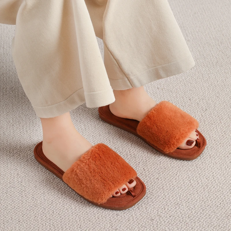 Evshine Women' Slippers Open Toe Warm Slides Memory Foam Soft Bottom House Shoes Women Furry Plush Bedroom Slippers For Indoor