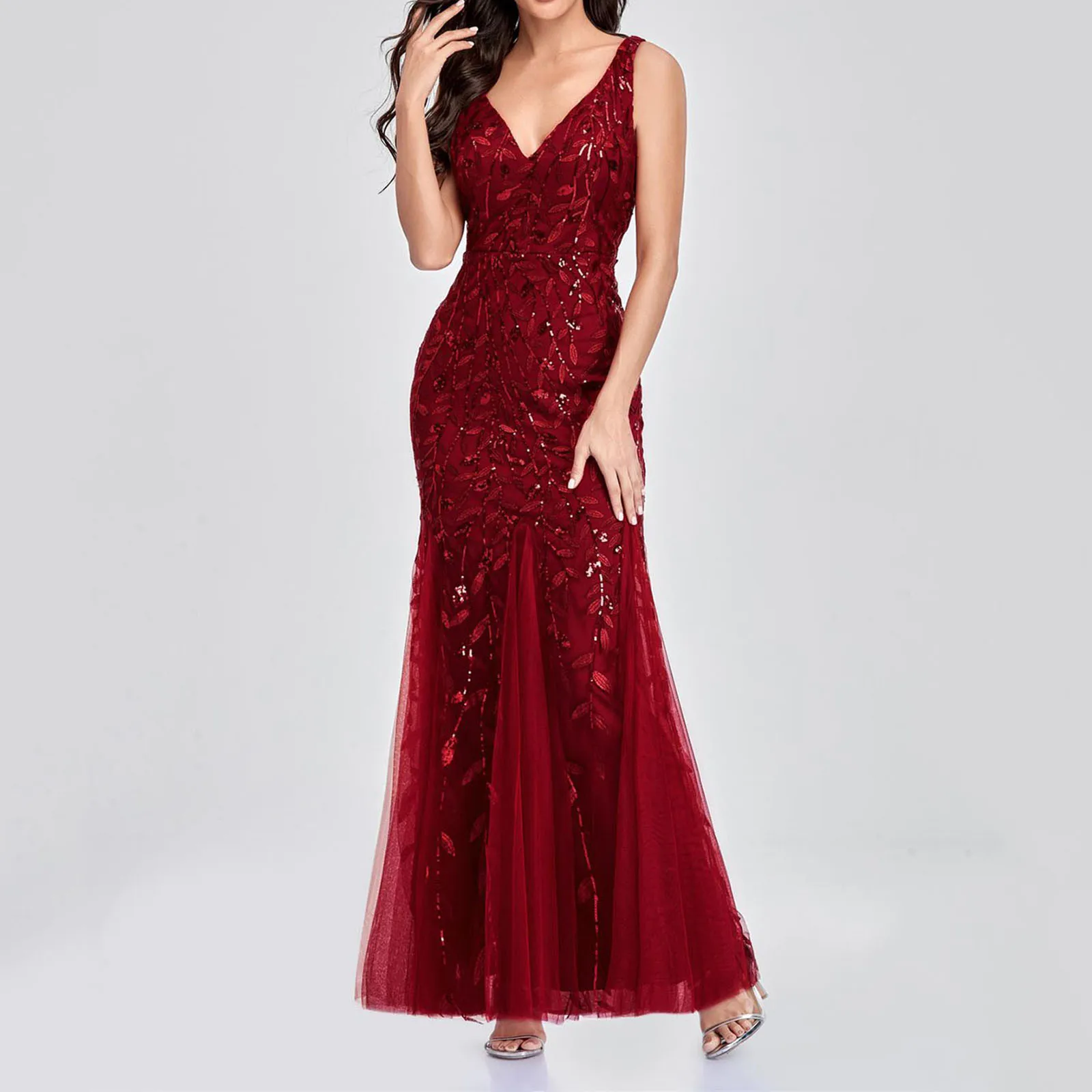 Temperamento vestidos de noite feminino elegante sem mangas com decote em v malha lantejoulas fino ajuste casamento vestido de dama de honra feminino vestidos de festa